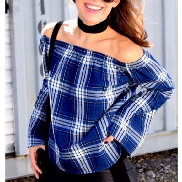 Anthropologie Cloth & Stone Blue Plaid Off The Shoulder Top - Picture 2 of 7